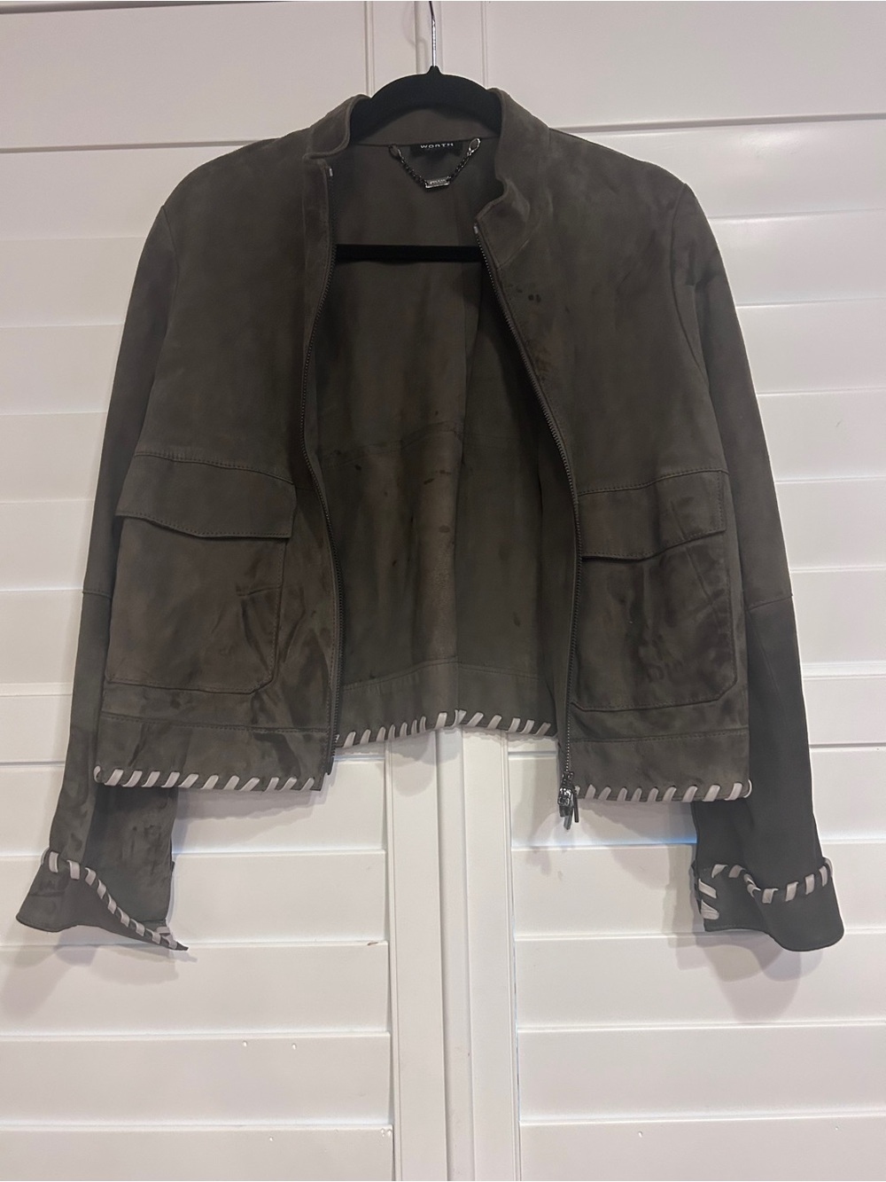 Worth Suede Bomber Jacket with Contrast Stitching Grey Size Medium